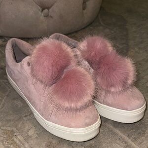 Women's Pink Suede Sneakers with Pom Poms